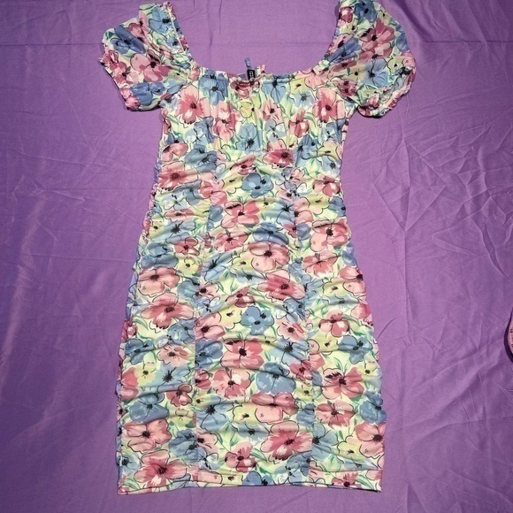 Mint Bodycon Mesh Ruched Dress with Pink and Blue Flowers